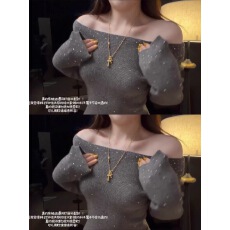 纯欲灰色一字肩烫钻针织打底衫女秋冬修身显瘦毛衣内搭露锁骨上衣