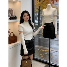 韩系小众别致抽绳半高领针织衫女秋季甜辣妹修身显瘦设计袖套毛衣