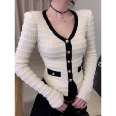 批发小香风纯欲辣妹V领撞色针织开衫女冬季气质<b class='q'>修身</b>显瘦长袖毛衣外套