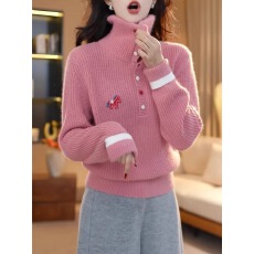批发粉色高领小马刺绣针织衫女秋冬2025新款韩系毛衣内搭减龄<b class='q'>气质</b>上衣