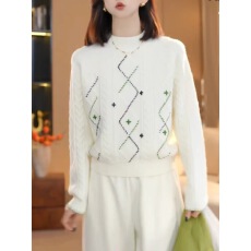 批发米白色刺绣撞色长袖套头<b class='q'>毛衣</b>女秋冬2025<b class='q'>新款</b>韩系小众减龄针织上衣