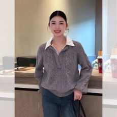 批发法式翻领衬衫拼接假两件灰色套头毛衣女秋冬加厚慵懒风针织衫上衣