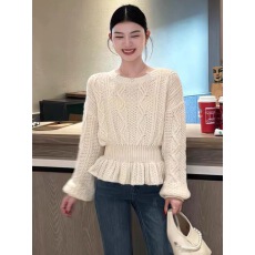 批发<b class='q'>大码</b>法式灯笼袖红色针织毛衣女冬季新款胖mm收腰显瘦气质内搭上衣