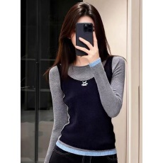 韩系灰色假两件正肩针织衫女秋冬设计感毛衣打底衫内搭短款上衣厚