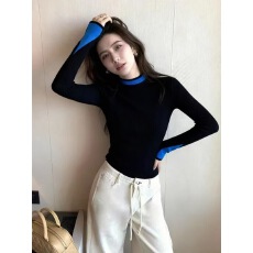 批发<b class='q'>韩版</b>低调气质基础款轻奢黑蓝撞色<b class='q'>长袖</b>针织衫女修身显瘦打底衫上衣