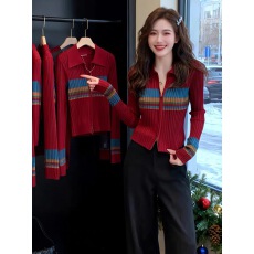 批发长袖<b class='q'>气质</b>别致上衣开衫短<b class='q'>外套</b>2025春季新款韩版撞色条纹针织衫女装