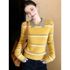秋冬套头内搭翻领撞色显瘦长袖条纹打底衫黄色针织毛衣