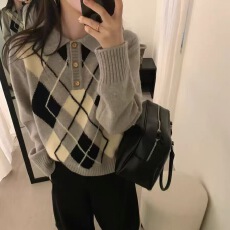 批发韩国货高品质菱形格学院风polo羊毛毛衣<b class='q'>外套女</b>冬季新款韩版