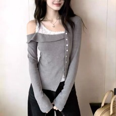 批发韩系chic灰色斜领不规则设计长袖上衣2026年春季<b class='q'>女装</b>新款百搭小衫