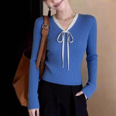 克莱因蓝假两件v领针织衫女春绝美漂亮蝴蝶结系带修身打底衫上衣