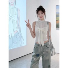 批发纯欲风蝴蝶结飘带针织背心<b class='q'>女</b>夏季2026年<b class='q'>新款</b>修身性感辣妹无袖上衣