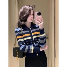 批发复古撞色条纹polo领设计感针织开衫慵懒显瘦减龄百搭毛衣外套上衣