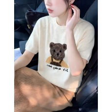批发韩系经典秀气可爱小熊卡通印花<b class='q'>针织衫</b><b class='q'>女</b>圆领短袖宽松百搭毛衣上衣