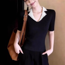 批发黑色V领宽松套头短袖上衣2026春季<b class='q'>女</b>装新款时尚洋气百搭洋气小衫