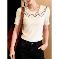 批发法式高级感气质荷叶边短袖针织<b class='q'>T</b><b class='q'>恤</b>女2026春季新款米白色针织上衣