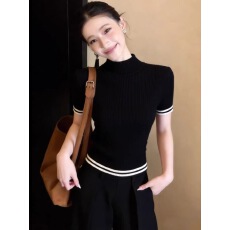 批发今年春季新款女装潮流半高领修身针织<b class='q'>T</b><b class='q'>恤</b>法式气质名媛风显瘦上衣
