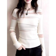 批发轻奢风法式设计感白色透视<b class='q'>网纱</b>拼接针织衫长袖修身显瘦<b class='q'>上衣</b>女春款