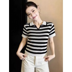 批发欧货2026夏季新款短袖针织衫女老钱风休闲设计款领口撞色POLO上衣