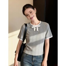 批发韩系灰色波点系带<b class='q'>假两件</b>短袖t恤女夏季设计感短款修身正肩上衣薄