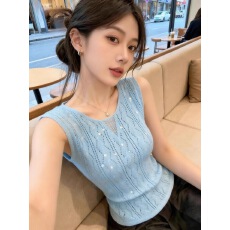 批发夏季蓝色圆领<b class='q'>亮片</b>镂空针织<b class='q'>背心</b>女外穿高级感显瘦叠穿内搭无袖上衣
