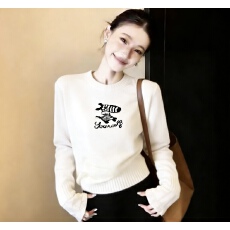 批发韩系卡通刺绣圆领套头针织衫女初冬季米白色宽松长袖毛衣打底上衣