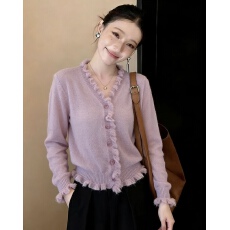 批发温柔木耳边减龄长袖针织衫<b class='q'>羊绒</b>v领舒适毛衣2026早秋气质百搭上衣