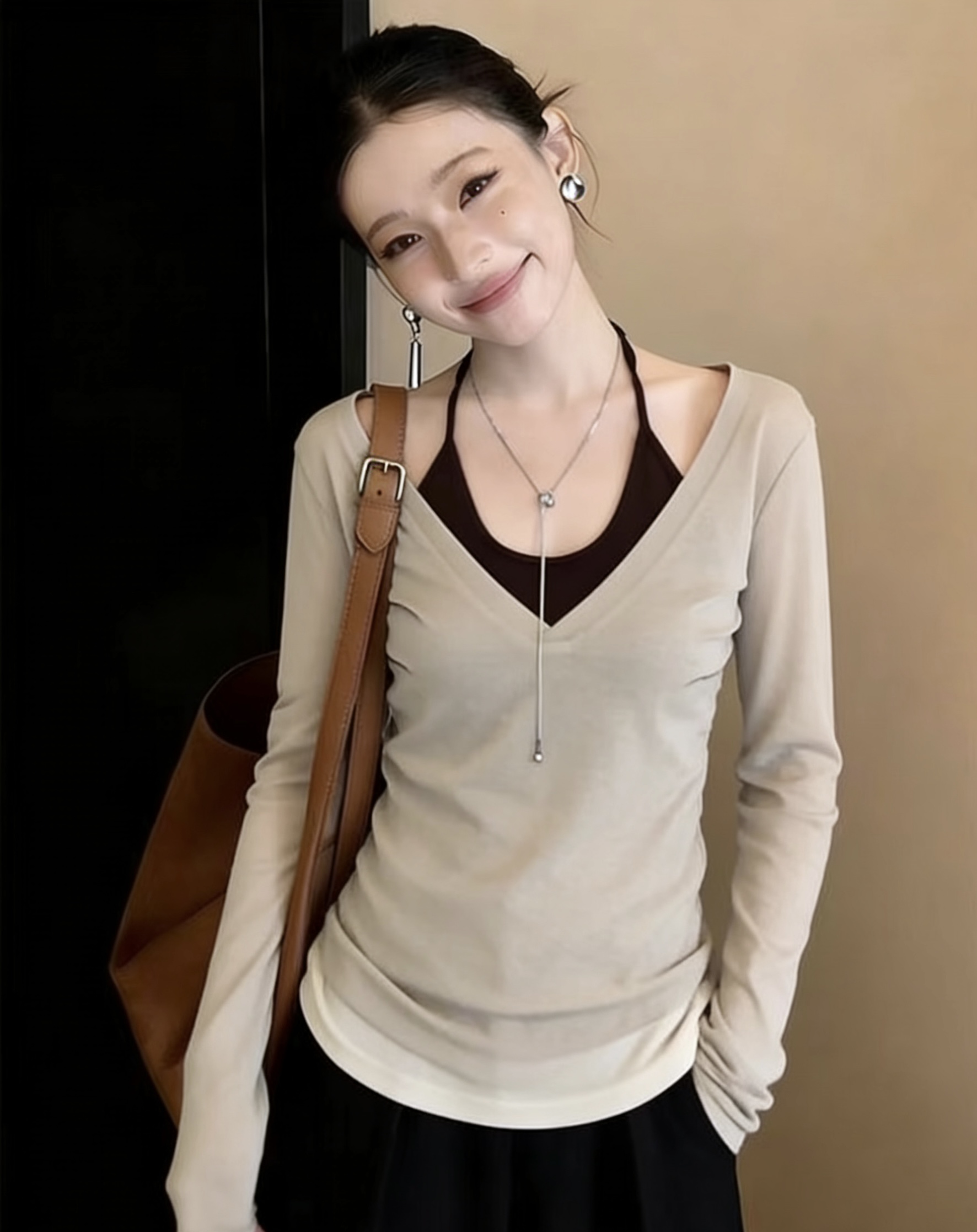 투피스 세트 프랑스식 레트로 학원 스타일 패치워크 V넥 디자인 센스 작은 대중 긴팔 티셔츠 슬림해 보이는 다용도 맨위 여성