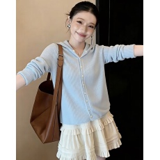 批发粉色卷边连帽针织开衫女2026秋冬季新款<b class='q'>毛衣外套</b>洋气减龄长袖上衣