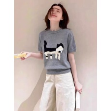 批发韩系可爱俏皮卡通小猫蝴蝶结短袖T恤圆领宽松显瘦百搭针织衫上衣