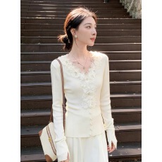 批发优雅精致法式高级感立体<b class='q'>花朵</b>V领针织上衣女长袖显瘦内搭打底衫