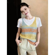 批发2026春夏款多巴胺彩色<b class='q'>亮片</b>针织吊带<b class='q'>背心</b>女短袖T恤两件套叠穿<b class='q'>背心</b>