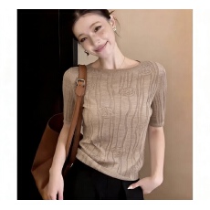 批发设计感提花圆领短袖<b class='q'>针织衫</b>2026夏季新款女显瘦气质极简风时髦上衣