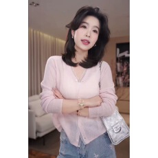 批发2026年春季新款韩系甜美设计感V领透气长袖<b class='q'>针织</b><b class='q'>开衫</b>女