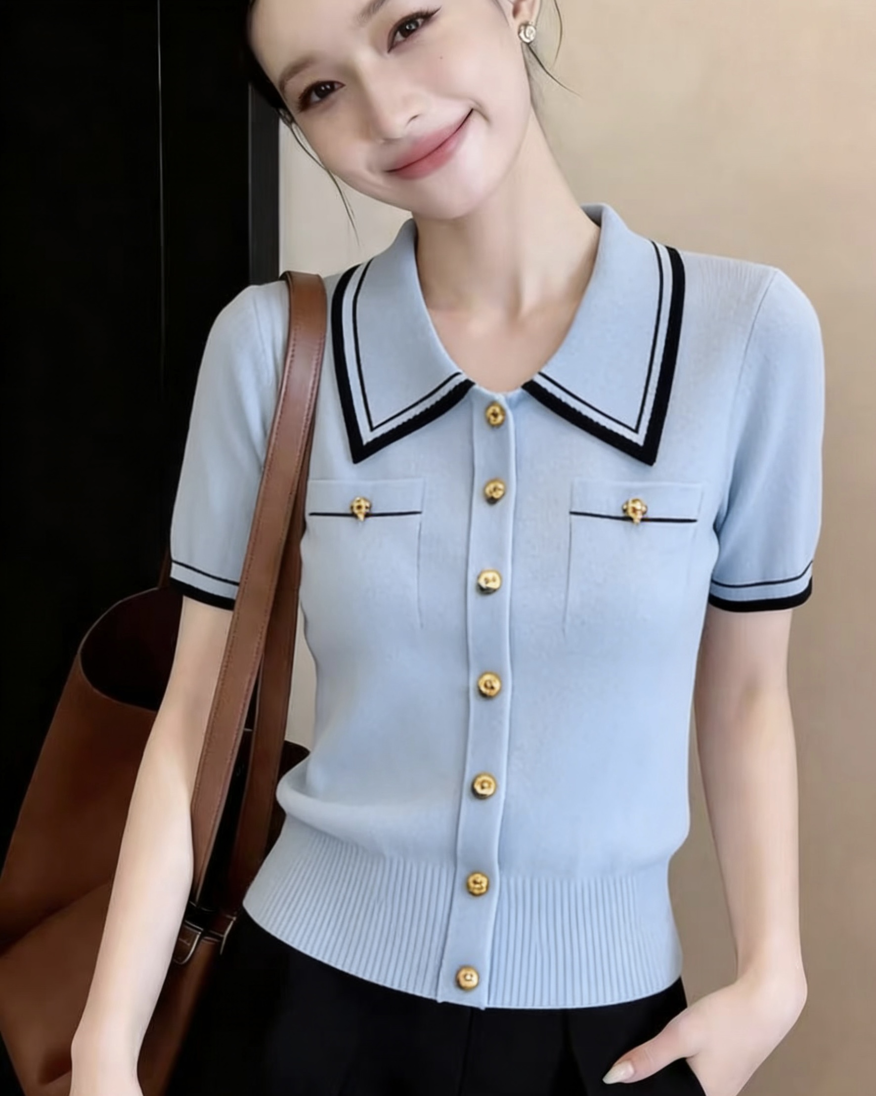 파란색 POLO 칼라 반팔 티셔츠 여성 여름 2026 새로운 고급 센스 배색 얼음 실크 니트 작은 샤넬 스타일 맨위
