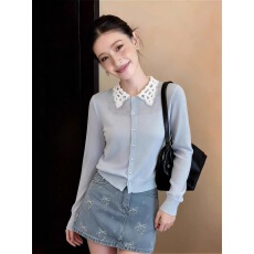 批发法式复古翻领针织<b class='q'>开衫</b>女2026夏季超好看长袖蓝色显瘦百搭气质上衣