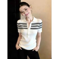 批发韩系条纹半开领白色短袖t恤女夏季2026新款设计感小众针织衫上衣