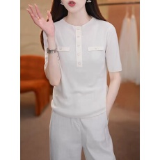 批发大码半开扣冰丝针织衫短袖t恤2026夏季新款胖mm洋气独特别致上衣