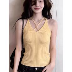 批发韩系内搭黄色v领镂空无袖<b class='q'>泰国</b>绝美小吊带女夏季外穿美背短款背心