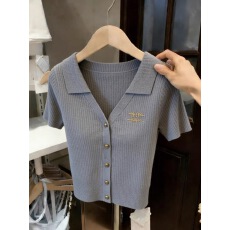 批发纯色高级感夏季新款大码百搭气质舒适简约翻领短袖温柔套头针织衫