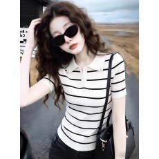 批发韩版条纹翻领短袖毛针织衫女2026年夏季新款显瘦减龄通勤穿搭上衣