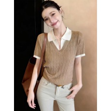 批发韩系chic灰色<b class='q'>假两件</b>短袖<b class='q'>针织衫</b>女早春独特漂亮巨好看的Polo衫上衣