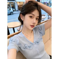 批发V领木耳荷叶边单排扣<b class='q'>亚麻</b>短袖针织衫女夏季新款打底时尚上衣