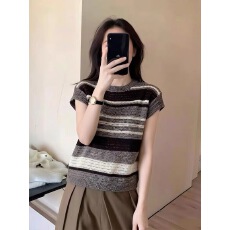 批发老钱风复古时尚经典款条纹圆领短袖针织<b class='q'>衫</b>女宽松撞色套头显瘦上衣
