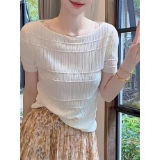 批发韩系圆领肌理感条纹短袖针织衫女夏季薄款显瘦百搭T恤气质上衣<b class='q'>潮</b>