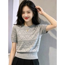 批发韩版氛围感镂空几何图案短袖针织衫女夏季小众设计百搭上衣女装潮