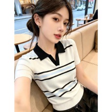 批发撞色条纹Polo领针织衫女短袖夏季新款韩系高级感显瘦百搭休闲上衣