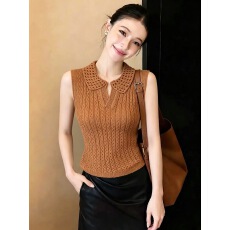 批发高级感镂空小翻领无袖针织上衣女夏季新款设计感减龄甜美风羊绒衫