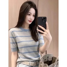 批发韩系温柔风纹针织衫女透气显瘦雾霾蓝撞色短袖T恤上衣