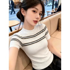 批发韩版撞色圆领条纹短袖针织T恤女2026夏季新款时尚减龄设计感上衣