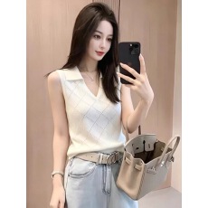 批发法式高级感Polo领菱格吊带背心女2026年夏季新款时尚百搭无袖上衣